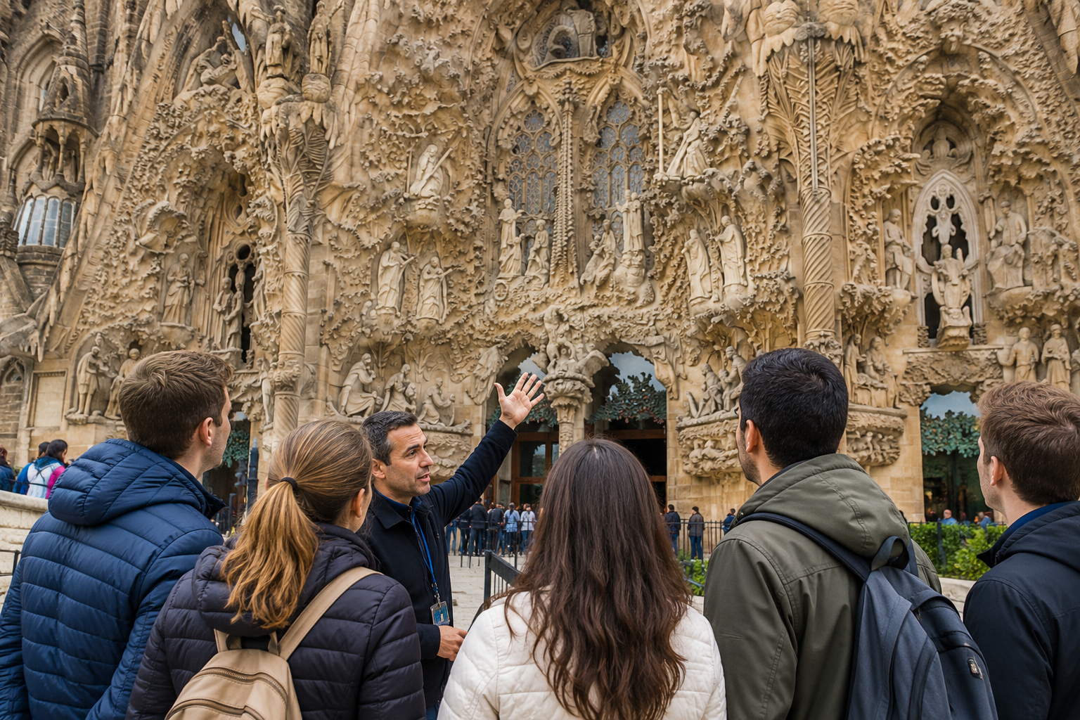 Guide explaining the detailed Nativity Façade of Sagrada Família in Barcelona to a small group of visitors