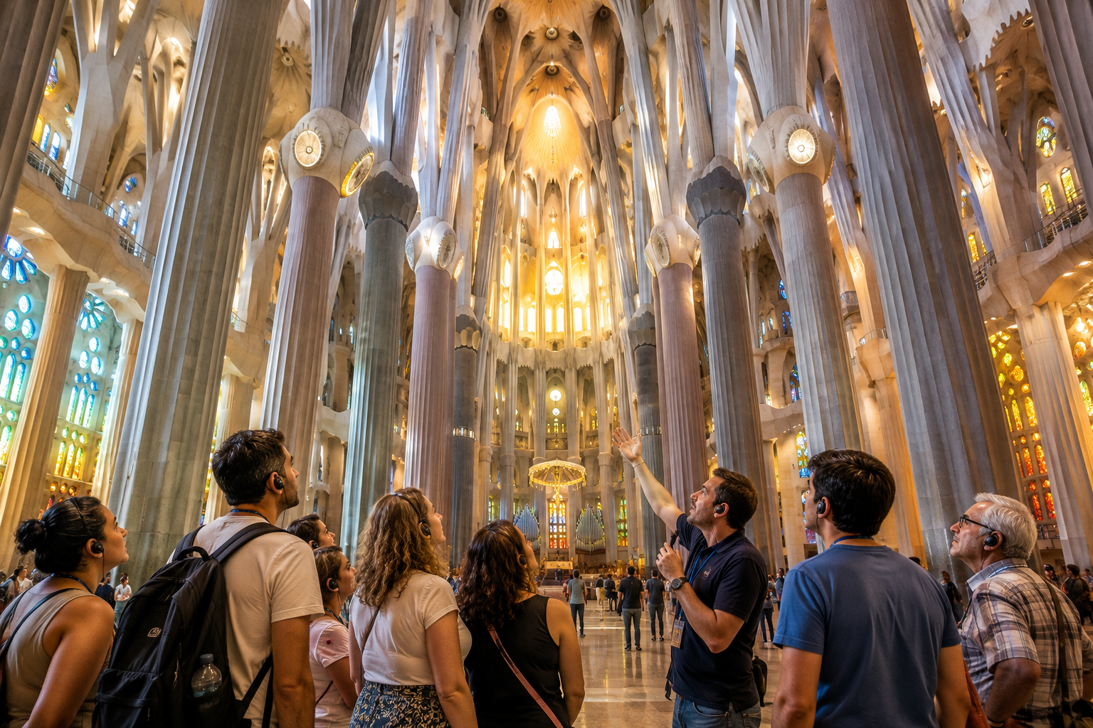 Guide explaining the forest-like columns inside Sagrada Família in Barcelona as visitors look up at Gaudí’s architecture