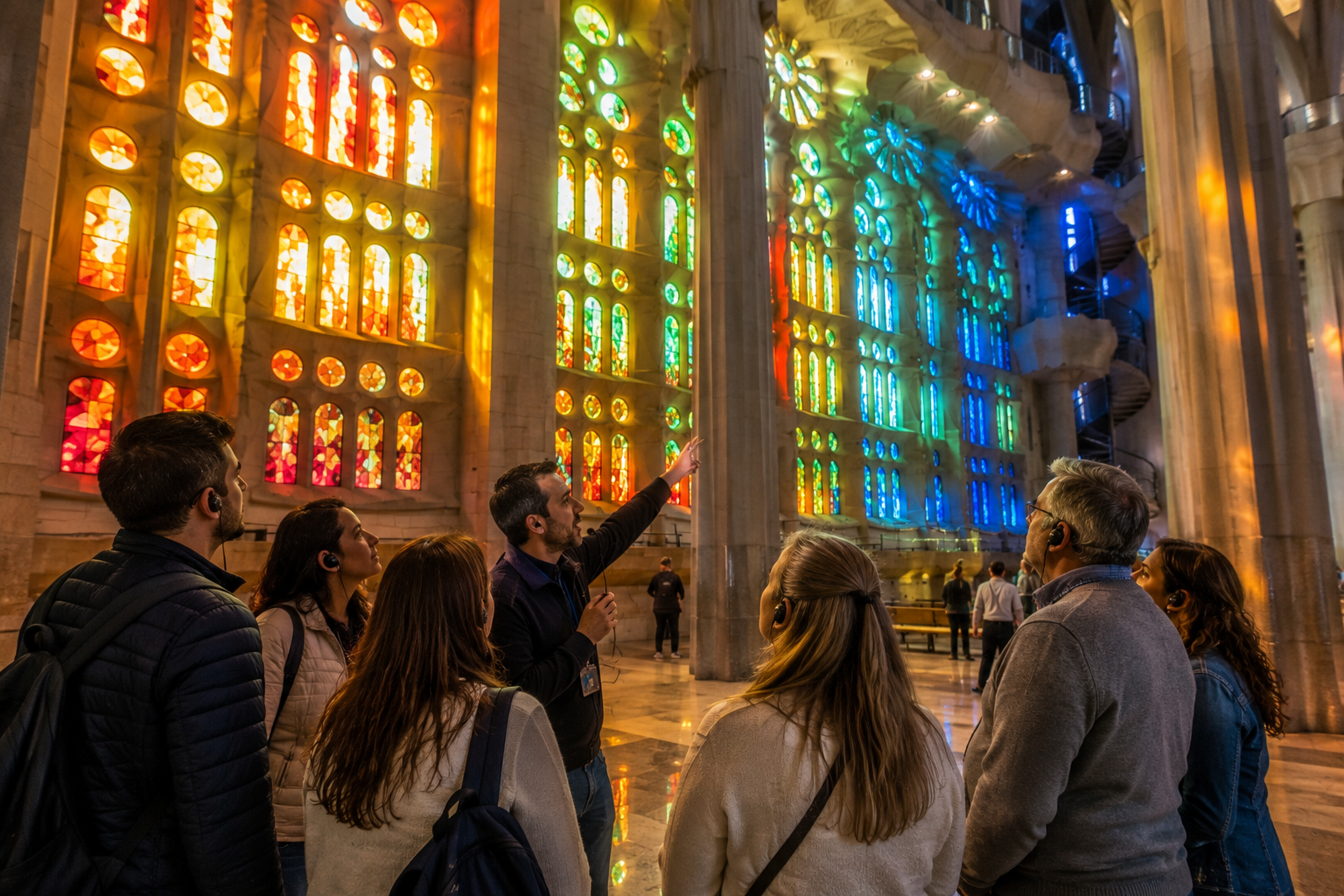 Guide explaining the colourful stained-glass windows inside Sagrada Família in Barcelona to visitors wearing audio headsets