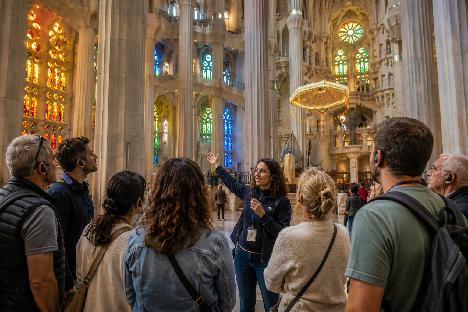 Guide leading a small group inside Sagrada Família in Barcelona as visitors listen with audio headsets