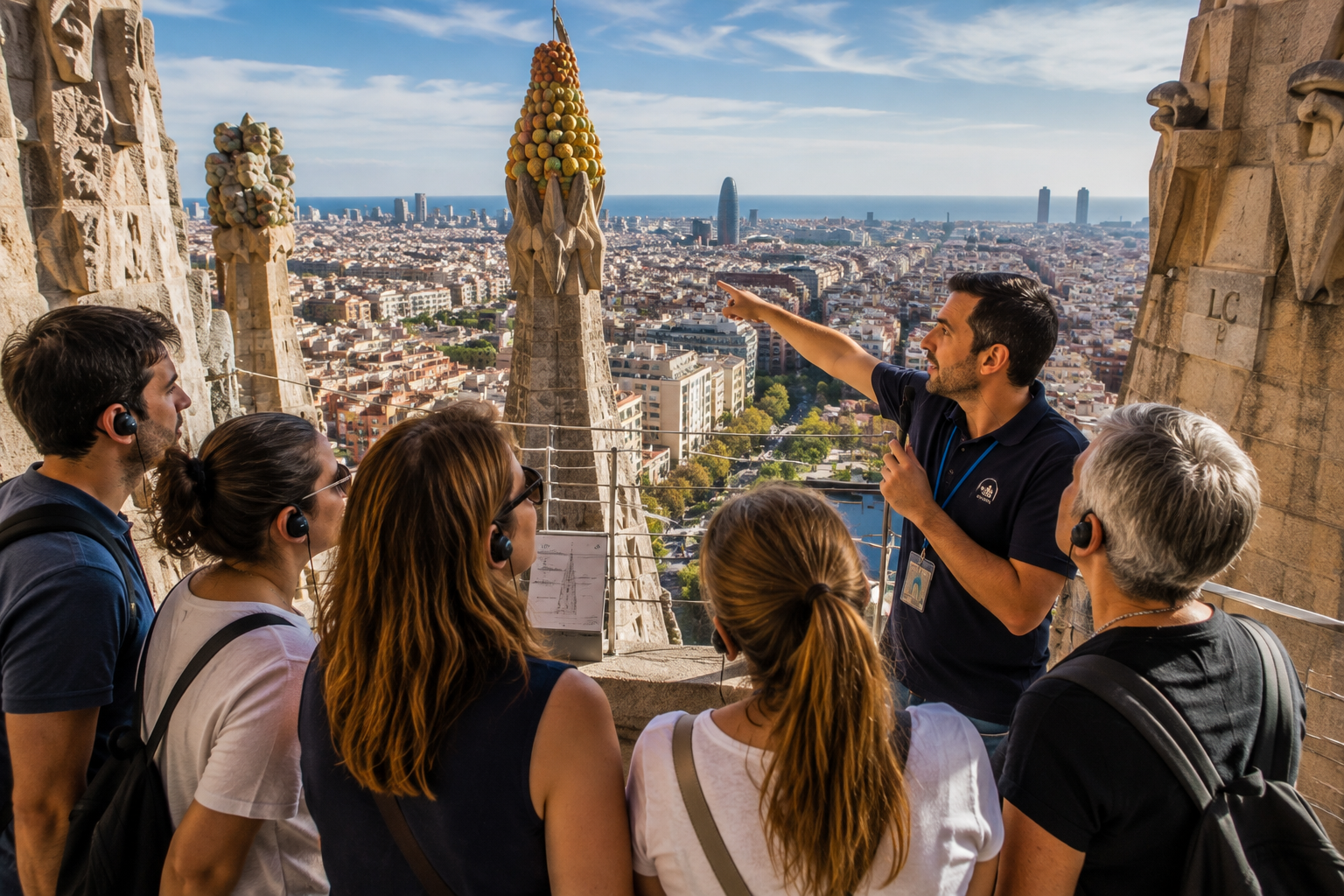 Visitors enjoying panoramic views of Barcelona from a Sagrada Família tower during their visit