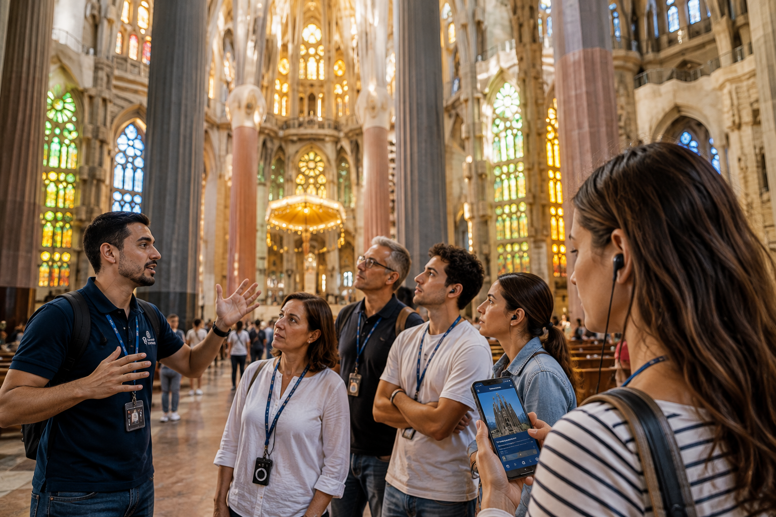 Visitors comparing a live guided tour and self-guided audioguide experience inside Sagrada Família in Barcelona