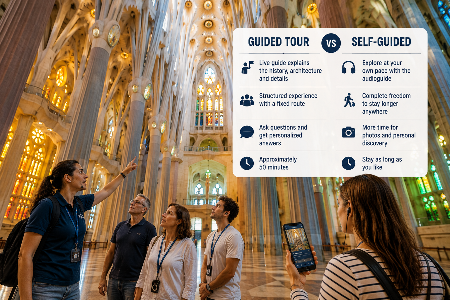Comparison of a guided tour and self-guided visit inside Sagrada Família in Barcelona