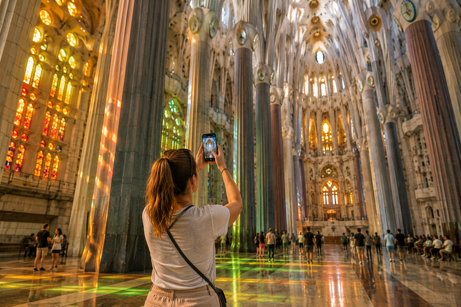 Independent visitor photographing the colourful stained-glass interior of Sagrada Família in Barcelona