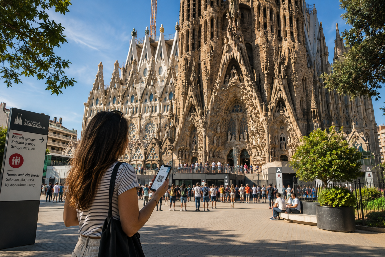 Visitor holding a timed entry ticket outside Sagrada Família in Barcelona before entering the basilica