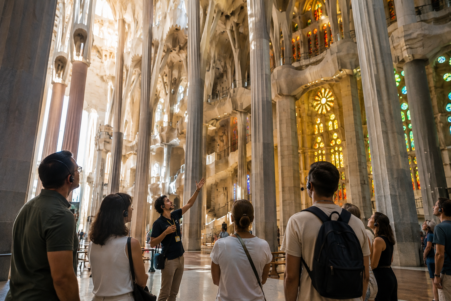 Guide explaining the architecture inside Sagrada Família in Barcelona as visitors explore the basilica