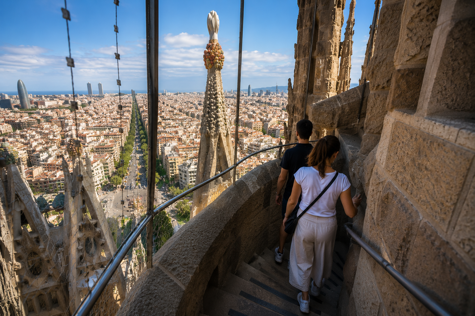 Visitors descending a Sagrada Família tower with panoramic views across Barcelona