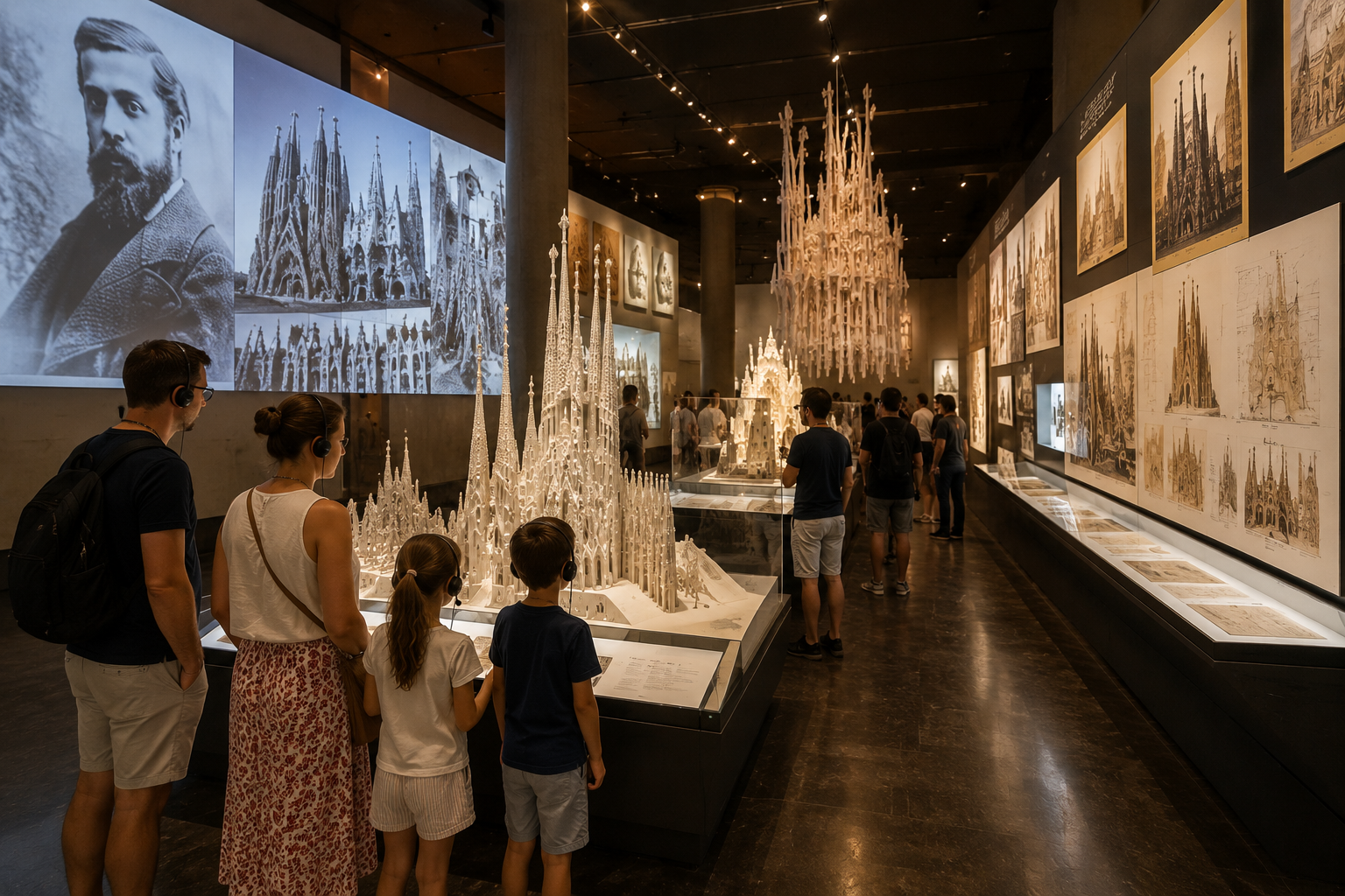 Visitors exploring architectural models and Gaudí exhibits inside the Sagrada Família Museum in Barcelona