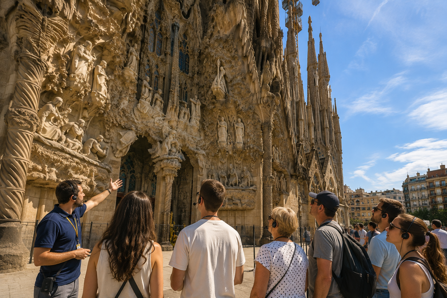 Visitors viewing the detailed Sagrada Família façade in Barcelona during a guided visit