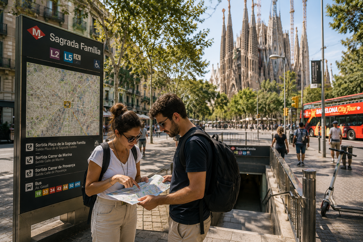 Visitors checking directions near Sagrada Família metro station while planning their Barcelona itinerary