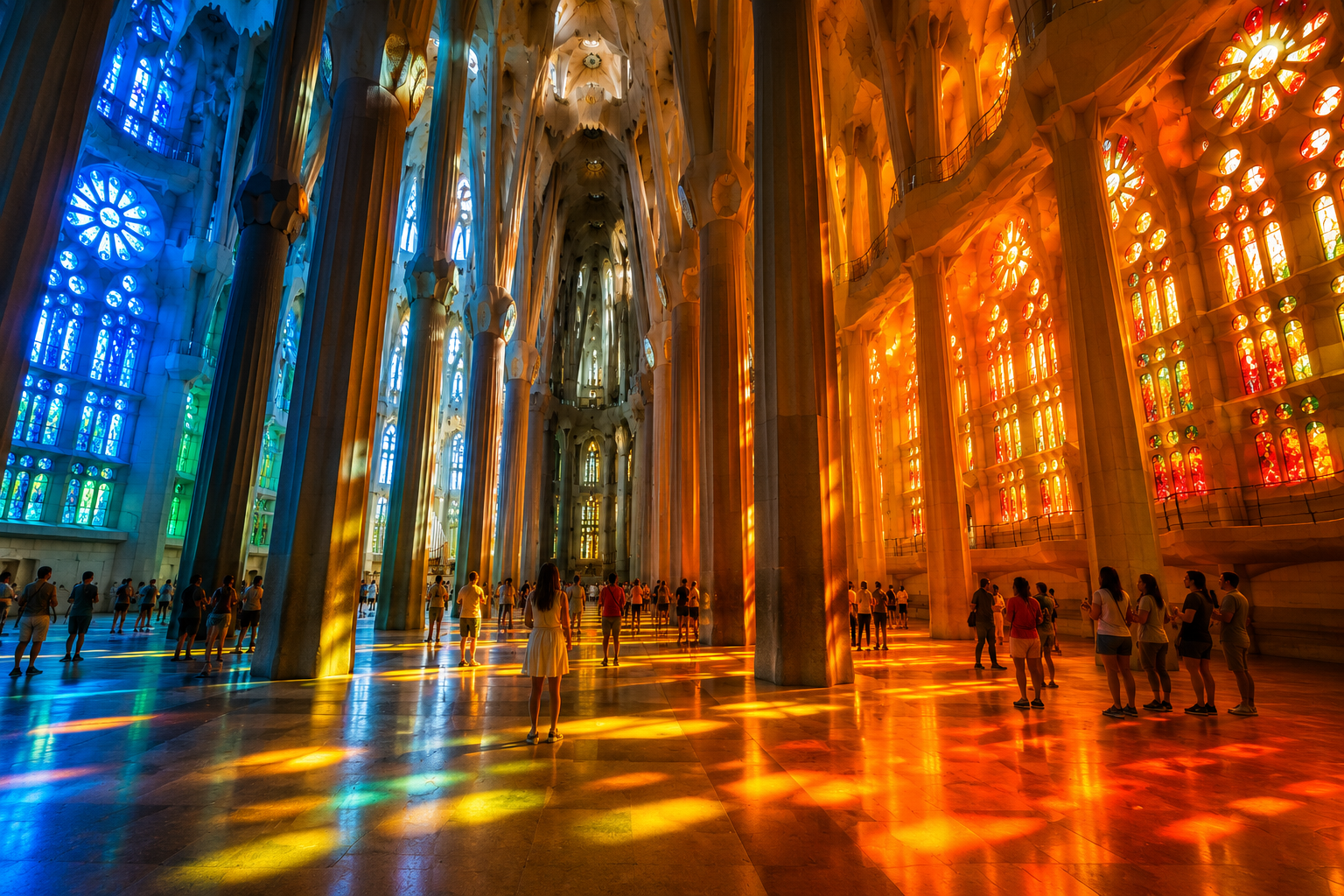 Sagrada Família interior showing cool blue and green morning light compared with warm orange and red afternoon stained-glass light
