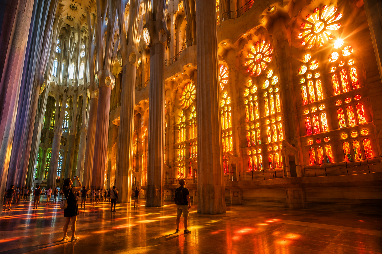Warm orange, red and golden afternoon sunlight shining through the stained-glass windows inside Sagrada Família in Barcelona