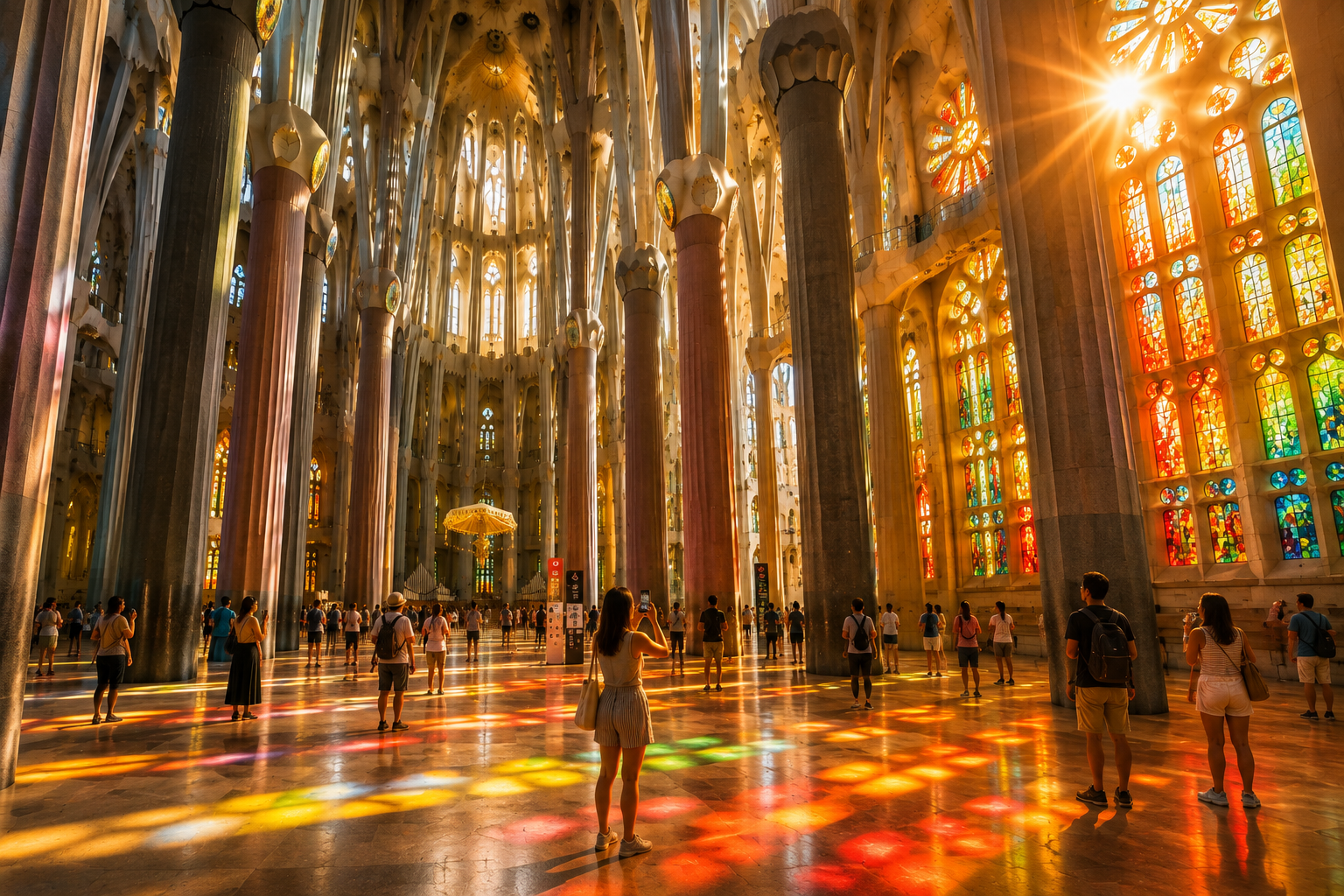 Visitor photographing colourful stained-glass sunlight inside Sagrada Família in Barcelona
