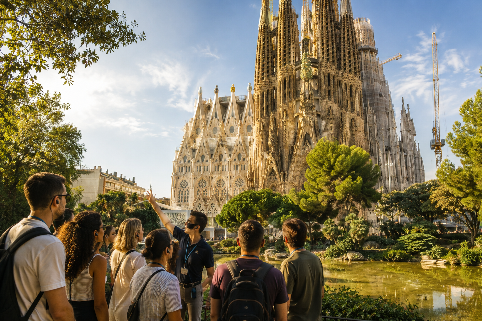 Sagrada Família exterior in Barcelona during a sunny morning with visitors viewing the basilica from the park