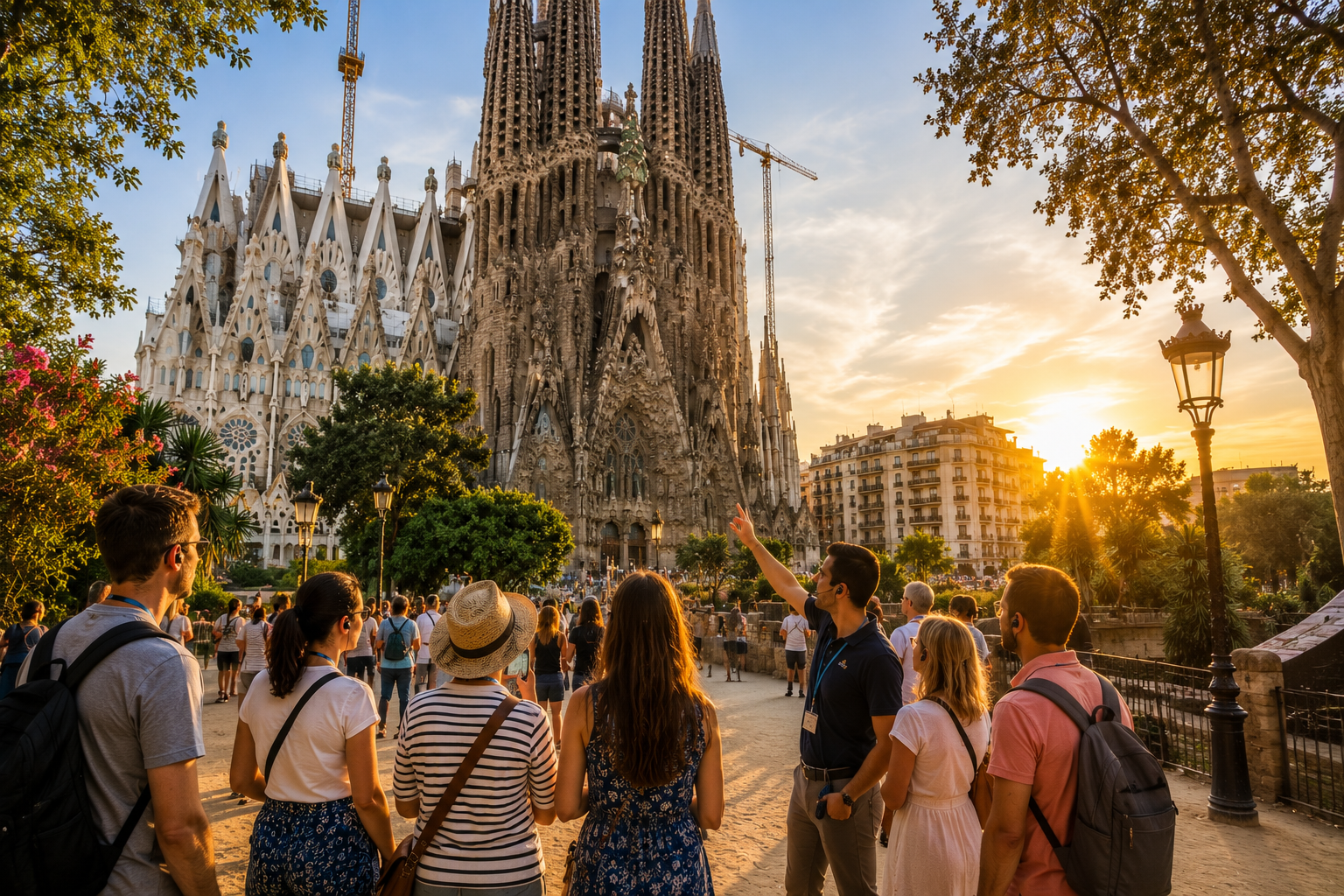 Sagrada Família exterior in Barcelona during warm late-afternoon sunlight with visitors viewing the basilica