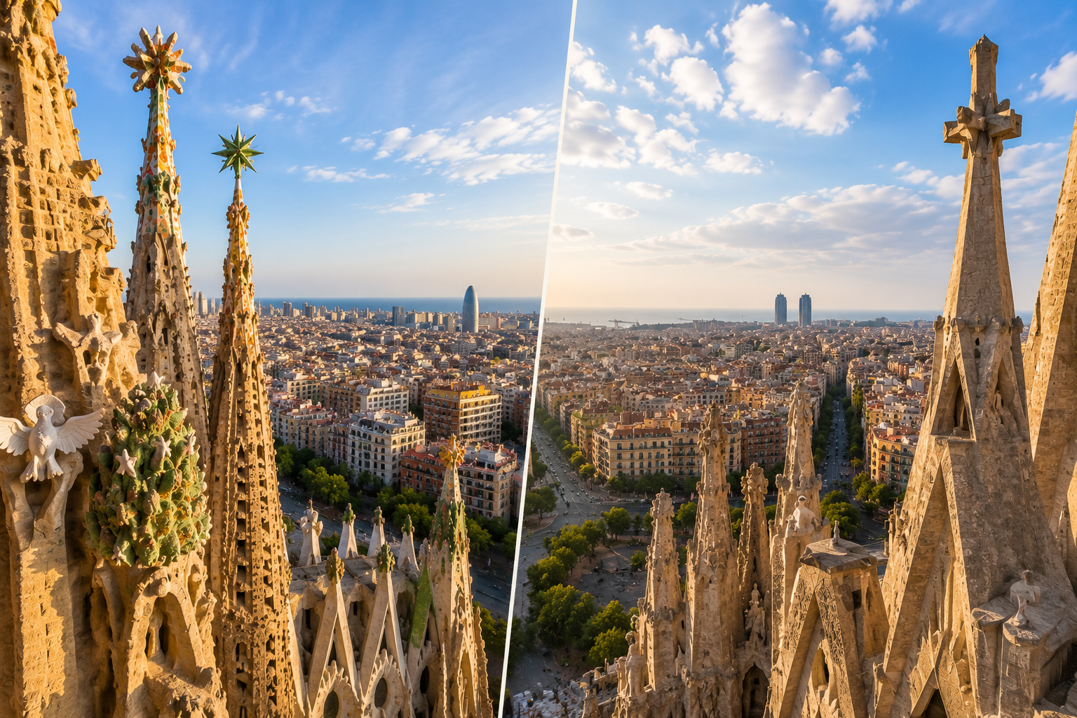Sagrada Família Nativity Tower and Passion Tower comparison showing Gaudí’s architecture and panoramic views over Barcelona.