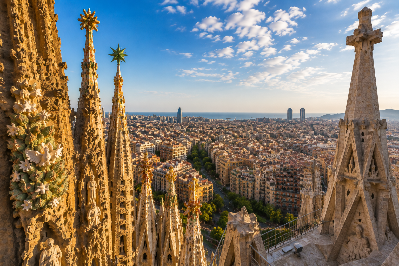 View from the Sagrada Família Nativity Tower showing Gaudí’s architectural details and panoramic views across Barcelona.