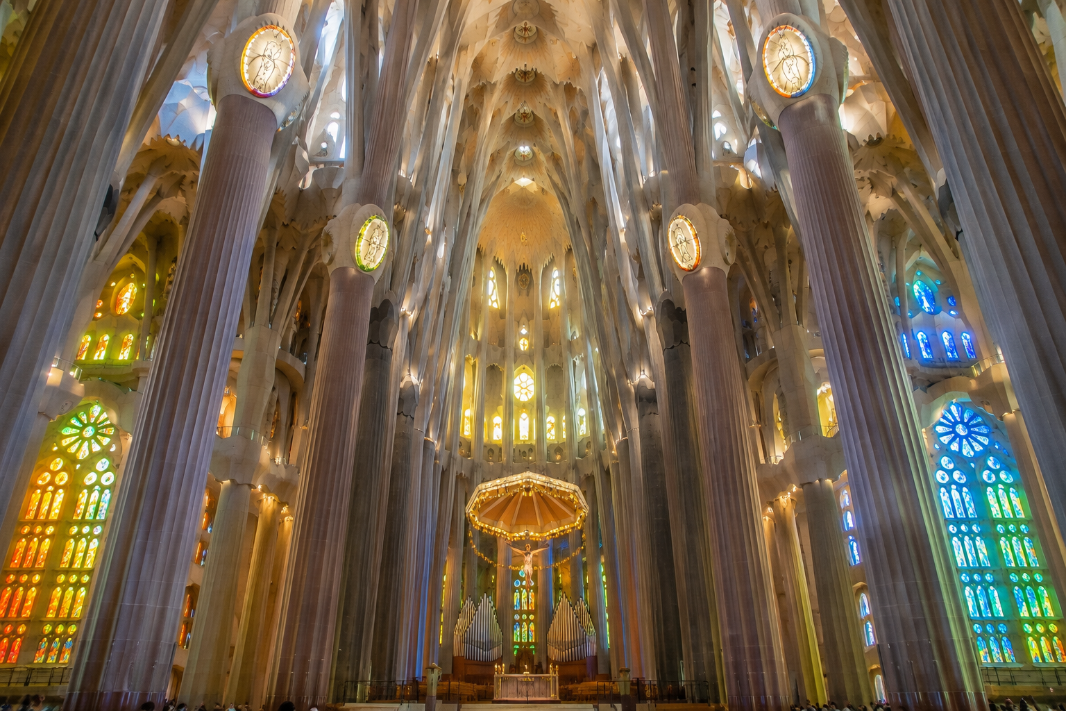 Tree-like columns inside Sagrada Familia in Barcelona rising toward the vaulted ceiling and colourful stained-glass windows.
