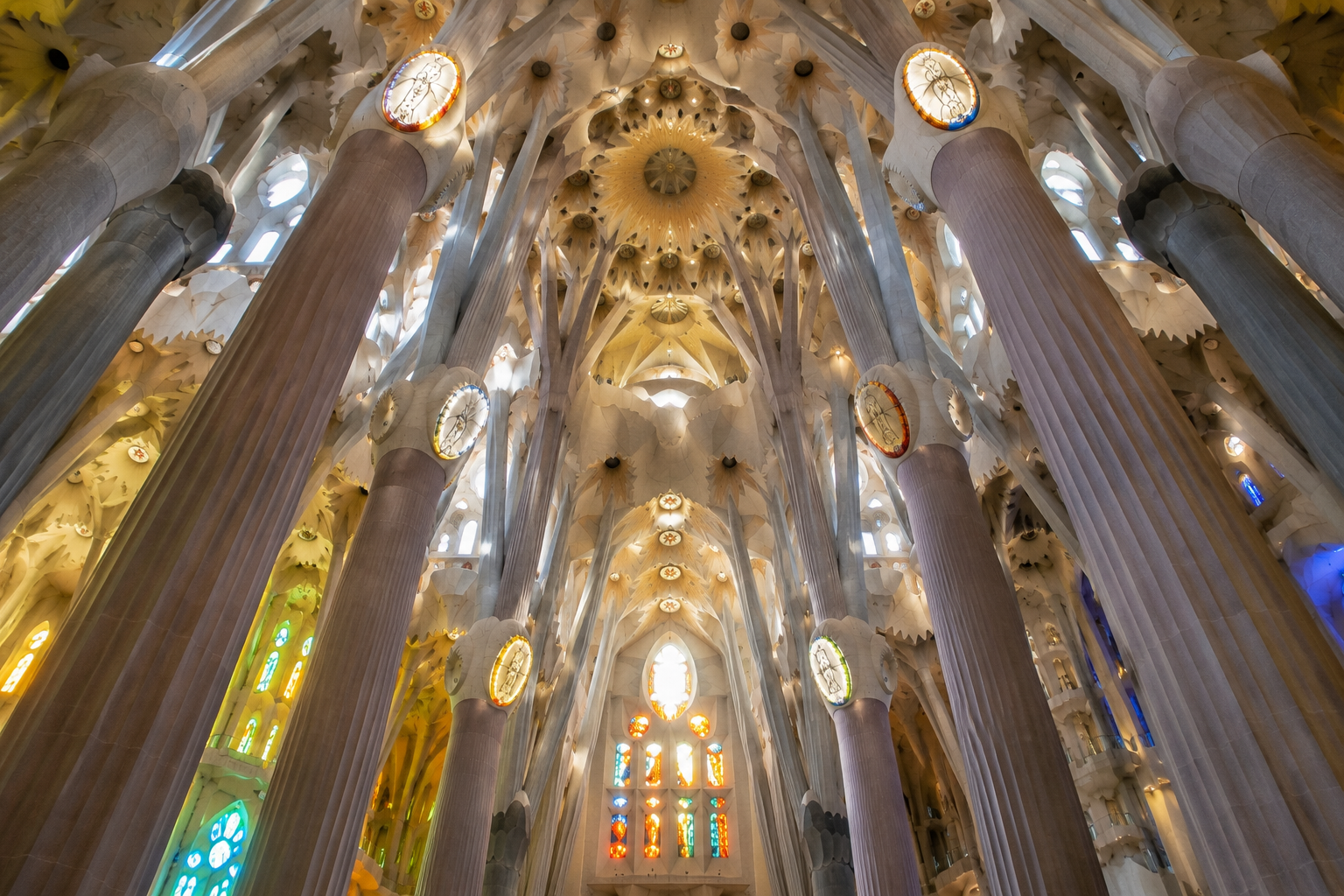 Geometric vaulted ceiling and branching stone columns inside Sagrada Familia in Barcelona.