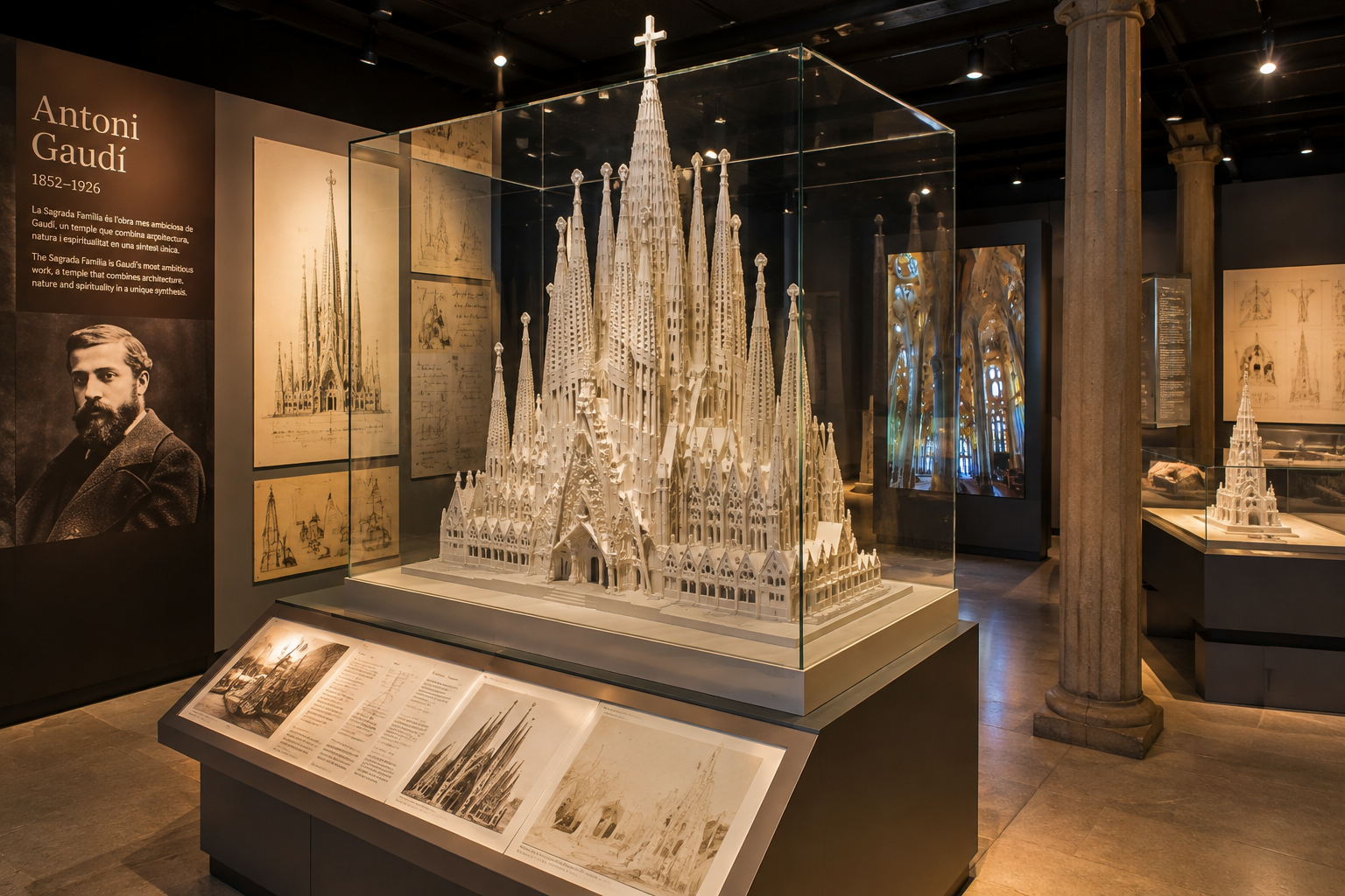 Architectural model of Sagrada Familia displayed with Gaudí drawings and exhibits in the museum in Barcelona.